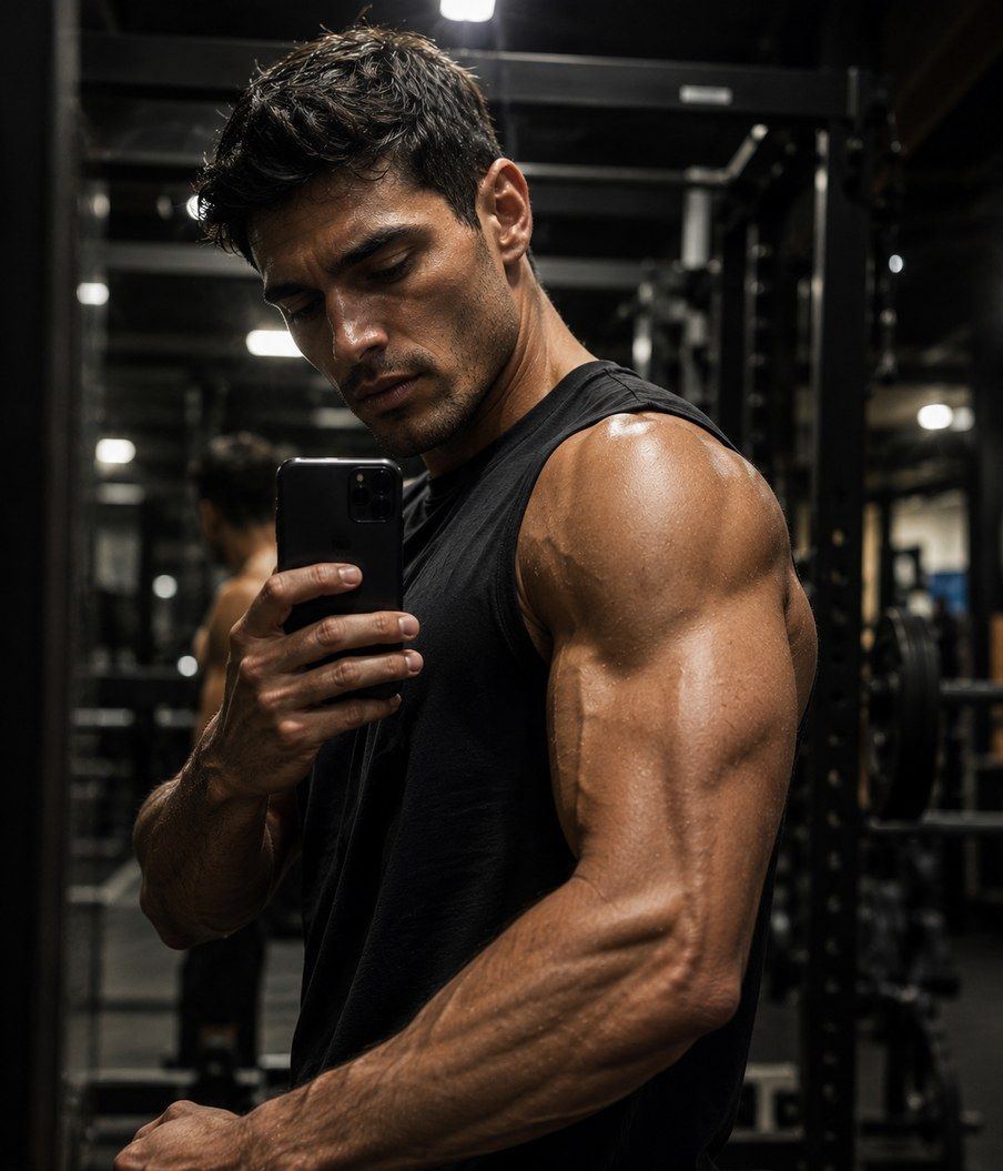 Man taking a mirror selfie between sets in a gym