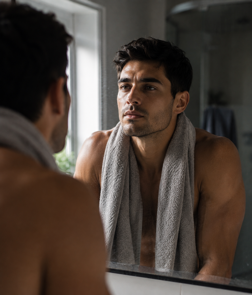 Man with a towel around his neck checking his skin in a bathroom mirror