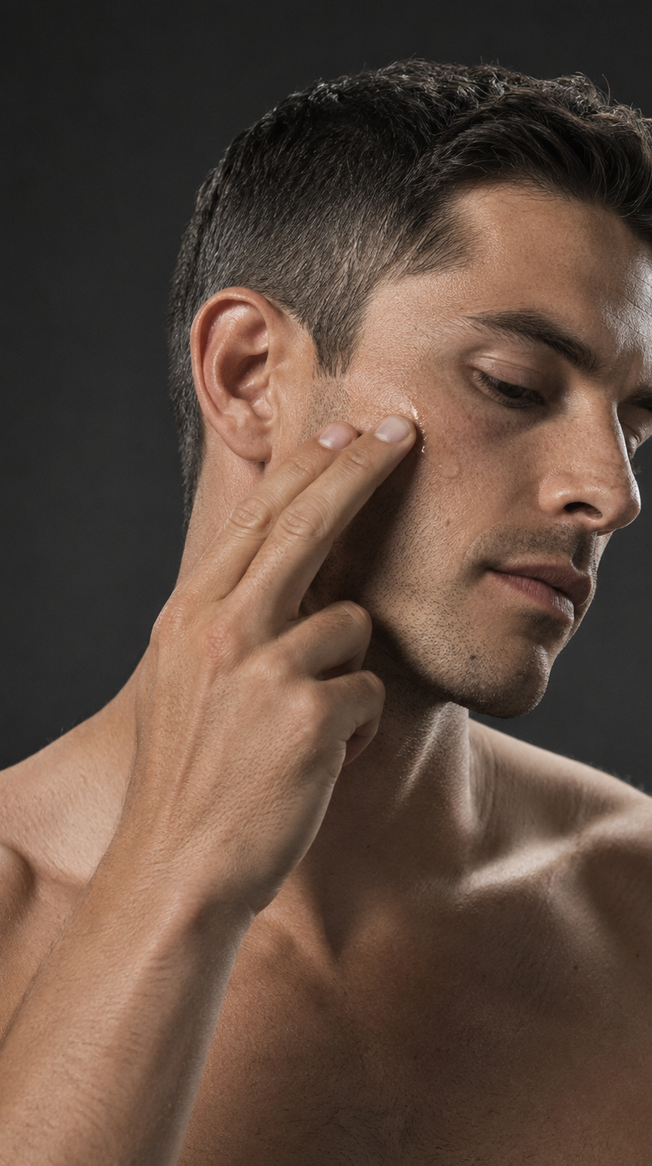 Man applying vitamin C serum to his cheek