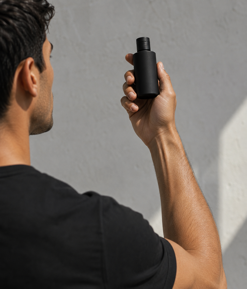 Man holding up a black skincare bottle