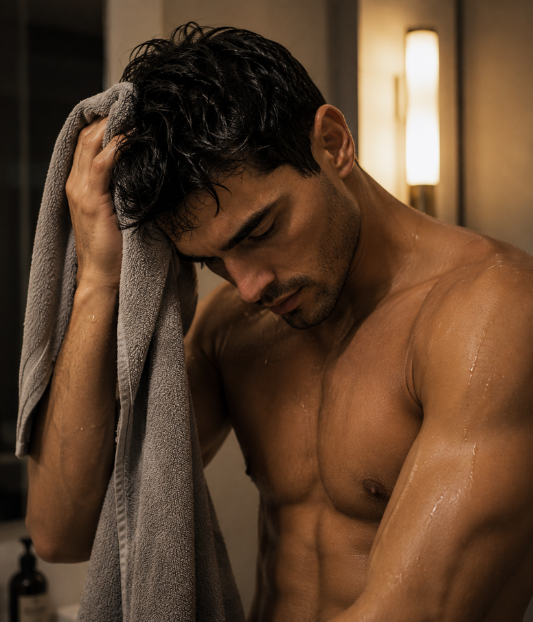 Man drying his hair with a towel after a shower