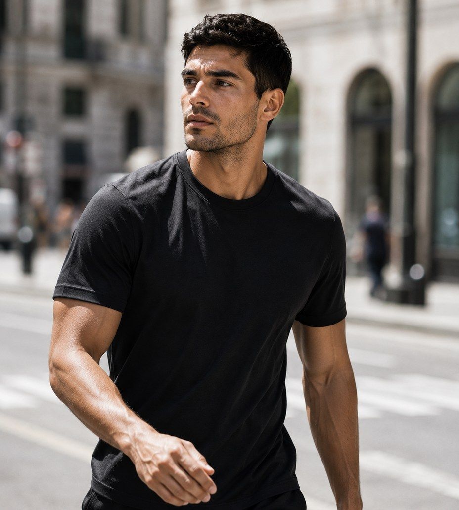 Man in a black T-shirt walking down a city street